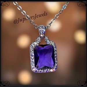NEW SILVER EMERALD CUT PURPLE AMETHYST SIMULATED DIAMOND PAVE NECKLACE